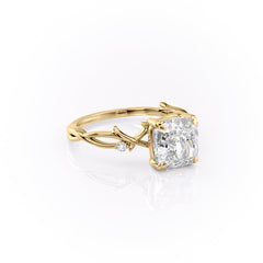 Lustrous Whim 1.50 Carat VVS1 Lab-Grown Cushion Three Stone Engagement Ring in 18K Yellow Gold Front Cross View