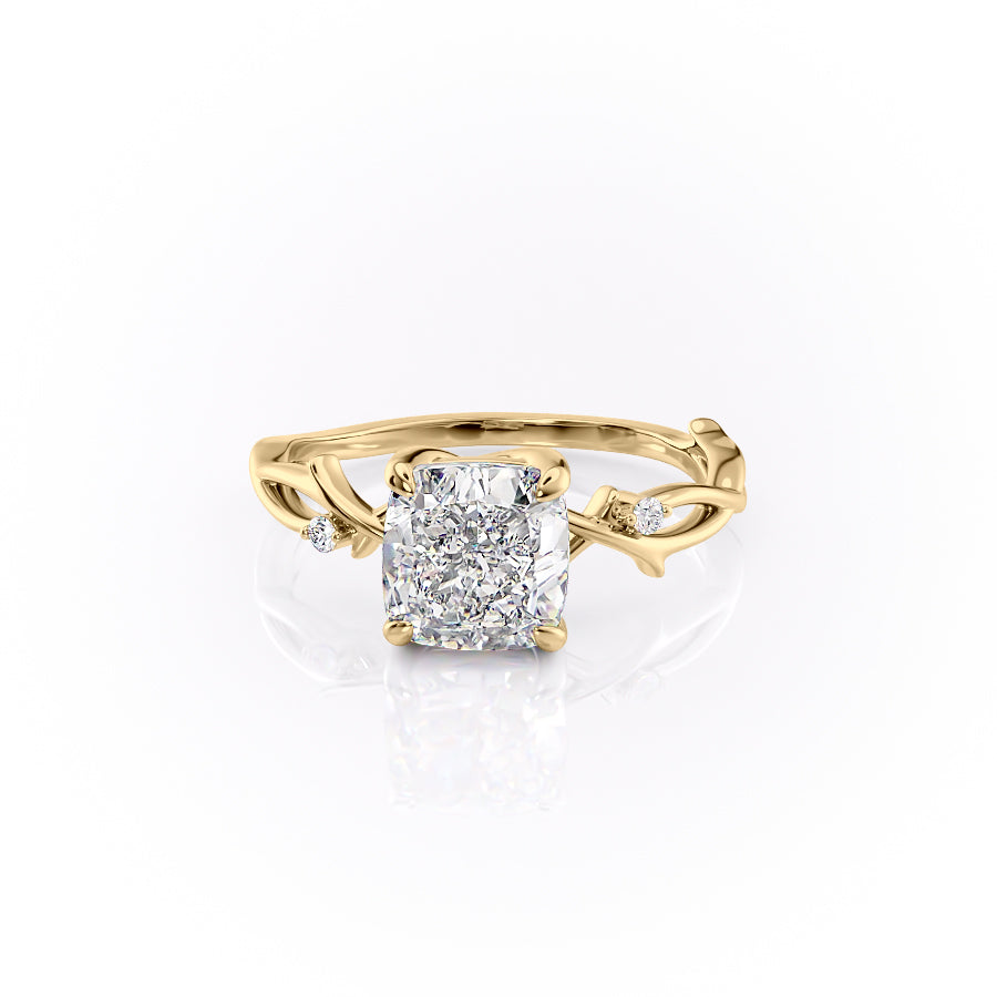 Lustrous Whim 1.50 Carat VVS1 Lab-Grown Cushion Three Stone Engagement Ring in 18K Yellow Gold Front View