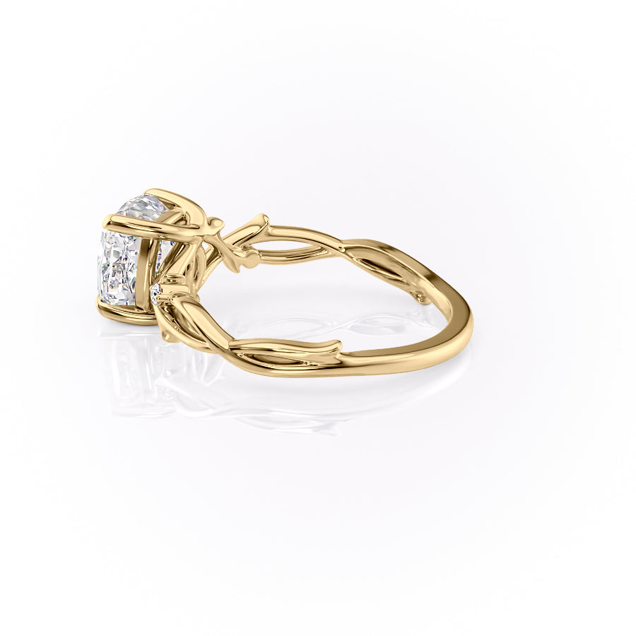 Lustrous Whim 1.50 Carat VVS1 Lab-Grown Cushion Three Stone Engagement Ring in 18K Yellow Gold Left Cross View