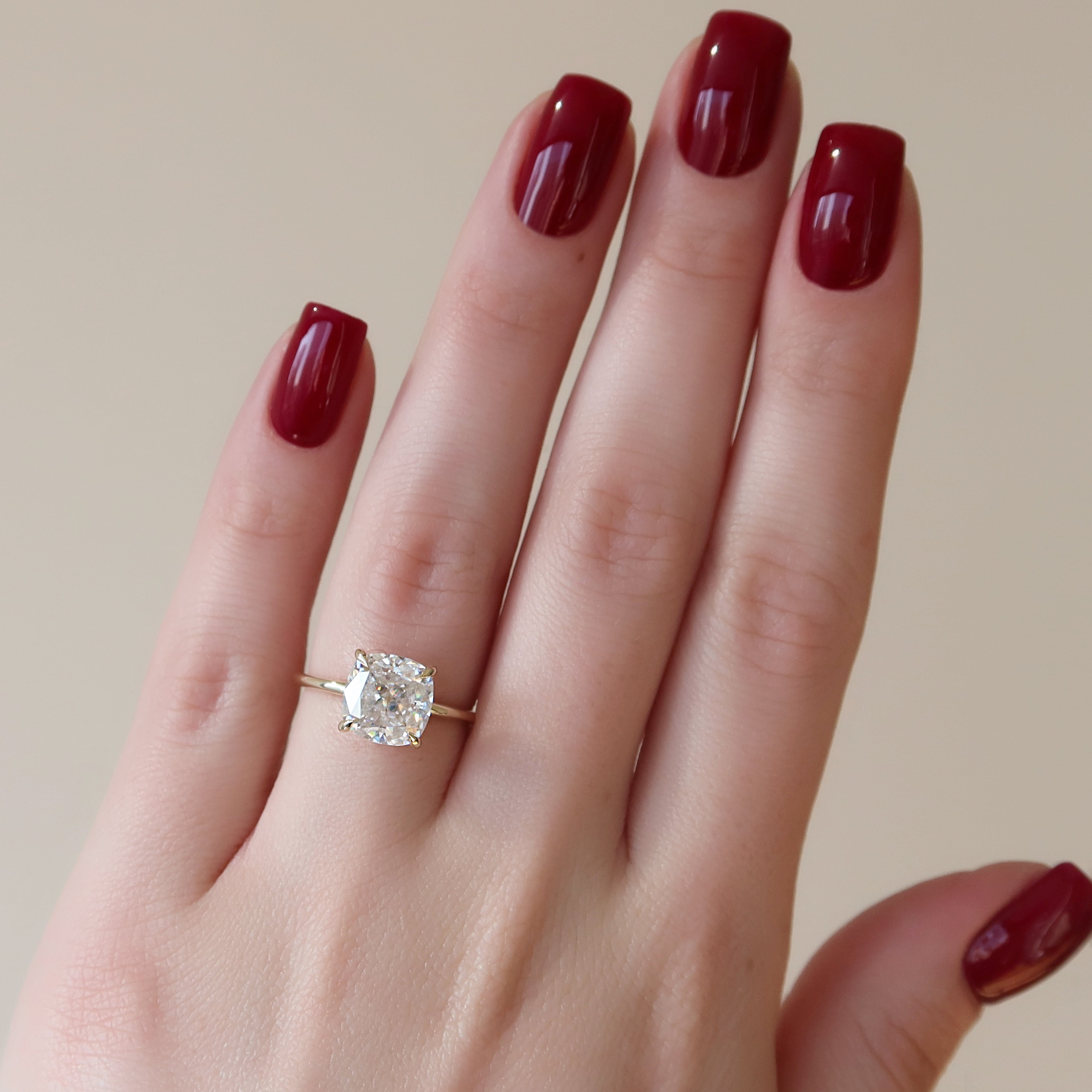 Luxe Blossom Cushion 1.55 Carat VVS1 Lab-Grown Hidden Halo Engagement Ring in 18K Yellow Gold Finger View