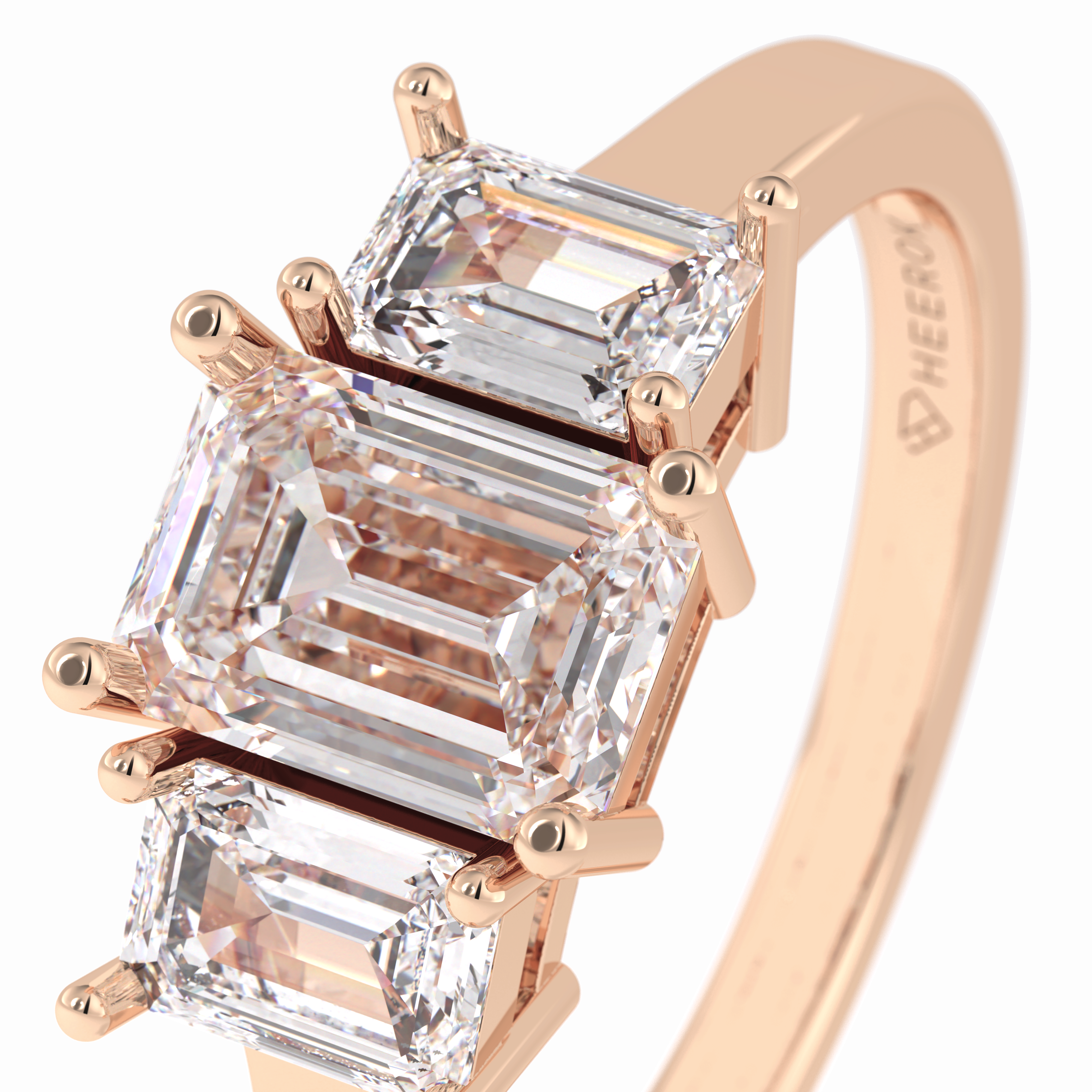 Regal Embrace 1.02 Carat Emerald VS1 Three Stone Lab-Grown Engagement Ring in 18K Rose Gold