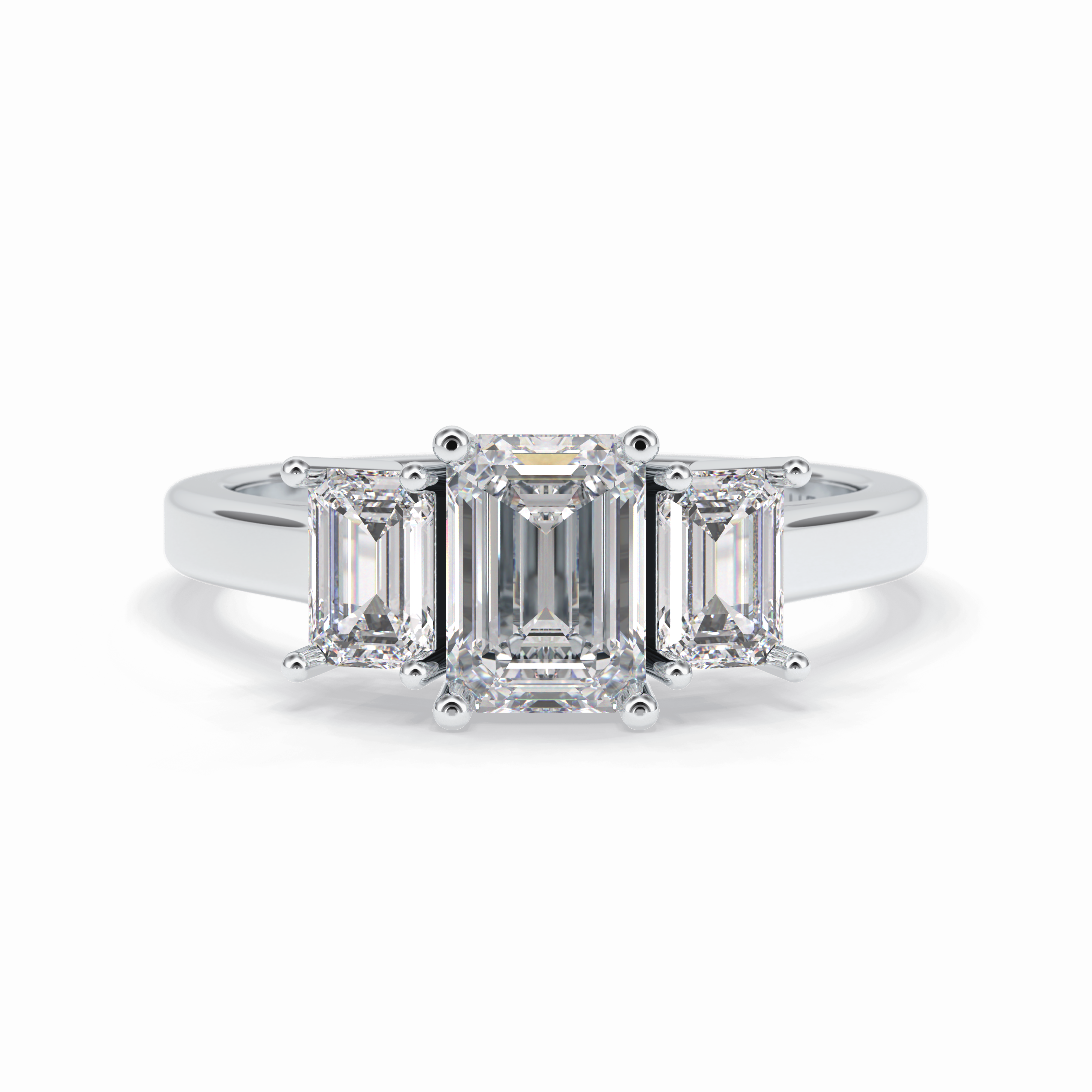 Regal Embrace 1.02 Carat Emerald VS1 Three Stone Lab-Grown Engagement Ring in 18K White Gold