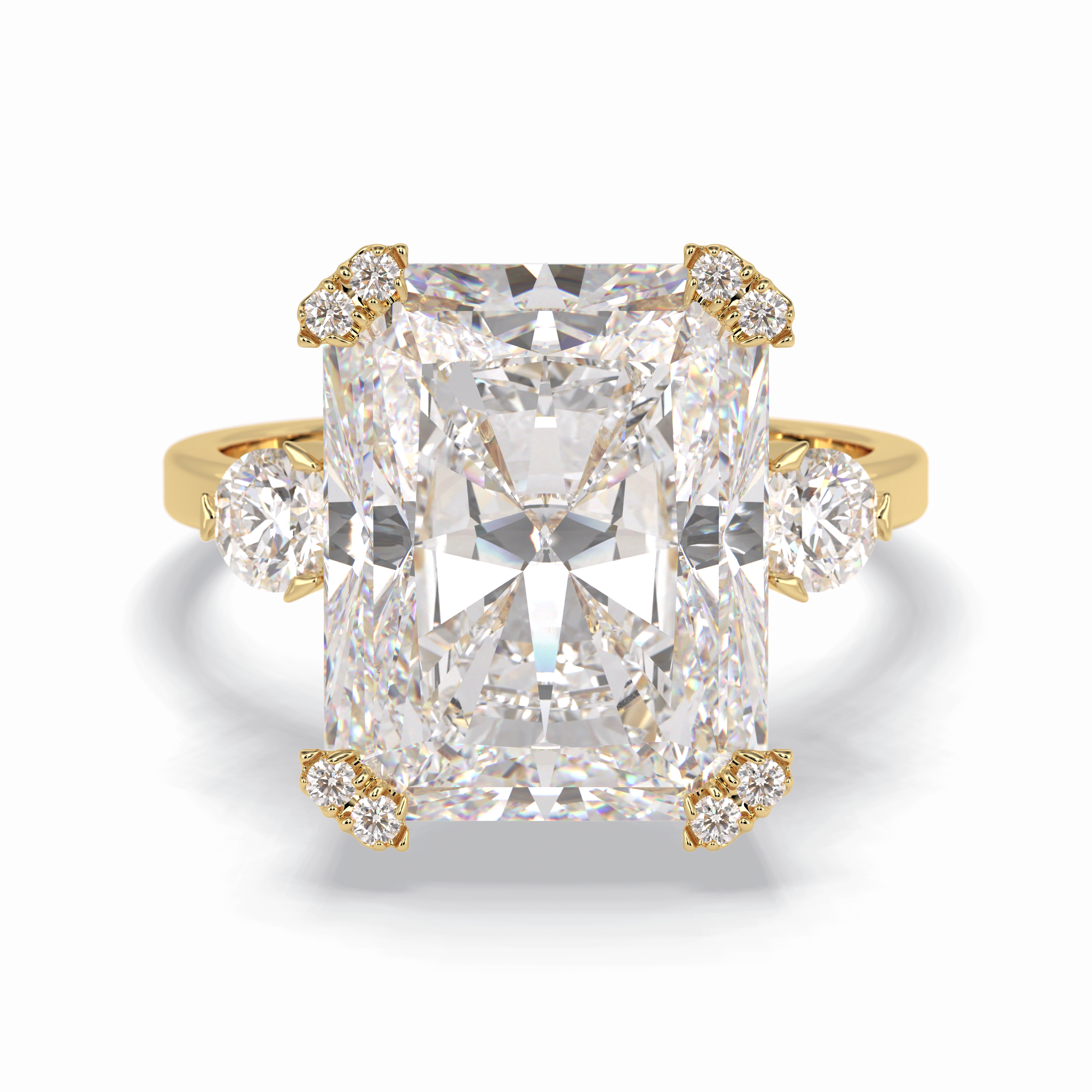 Glimmering 10.45 Carat Radiant VS1 Lab-Grown Three Stone Engagement Ring in 18K Yellow Gold