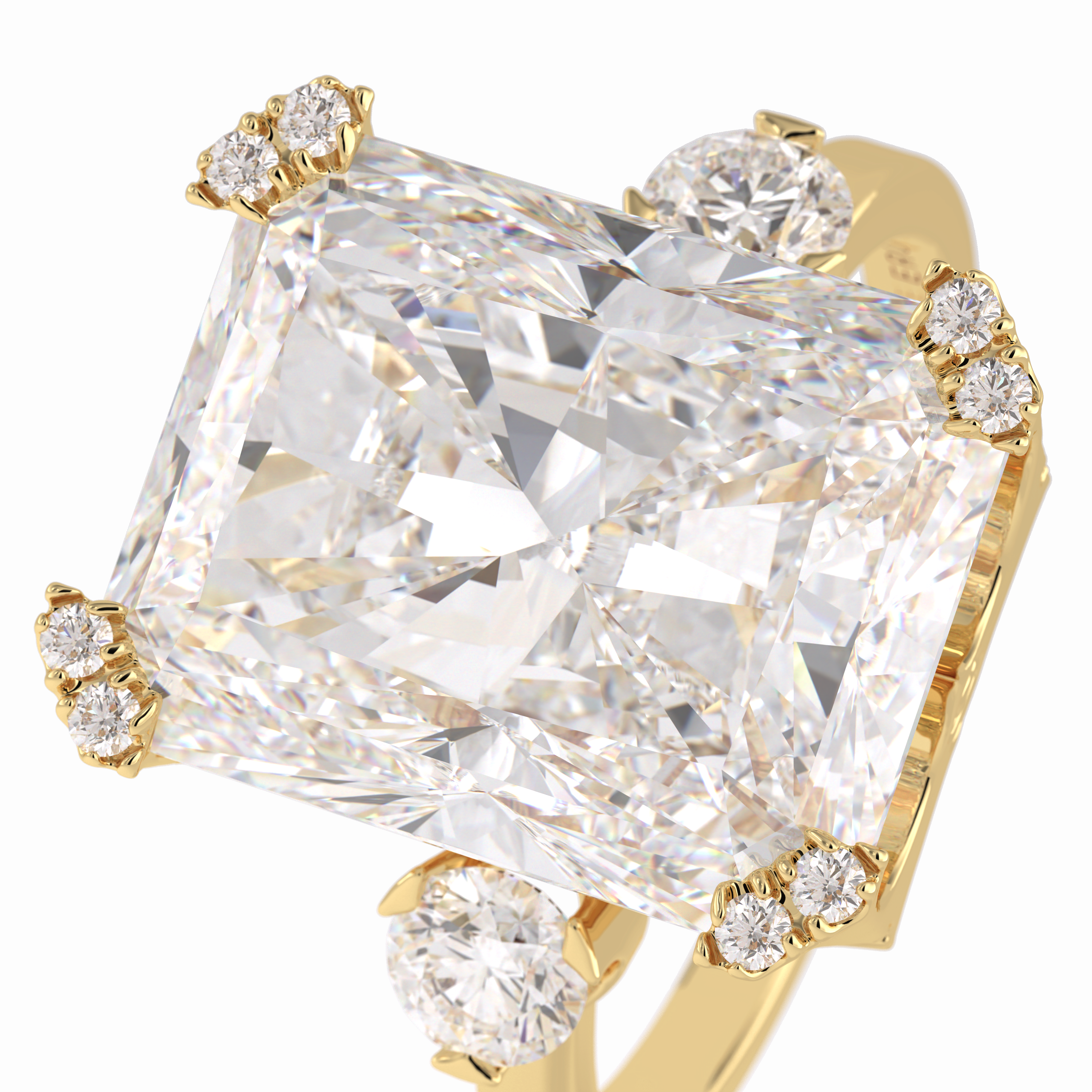 Glimmering 10.45 Carat Radiant VS1 Lab-Grown Three Stone Engagement Ring in 18K Yellow Gold