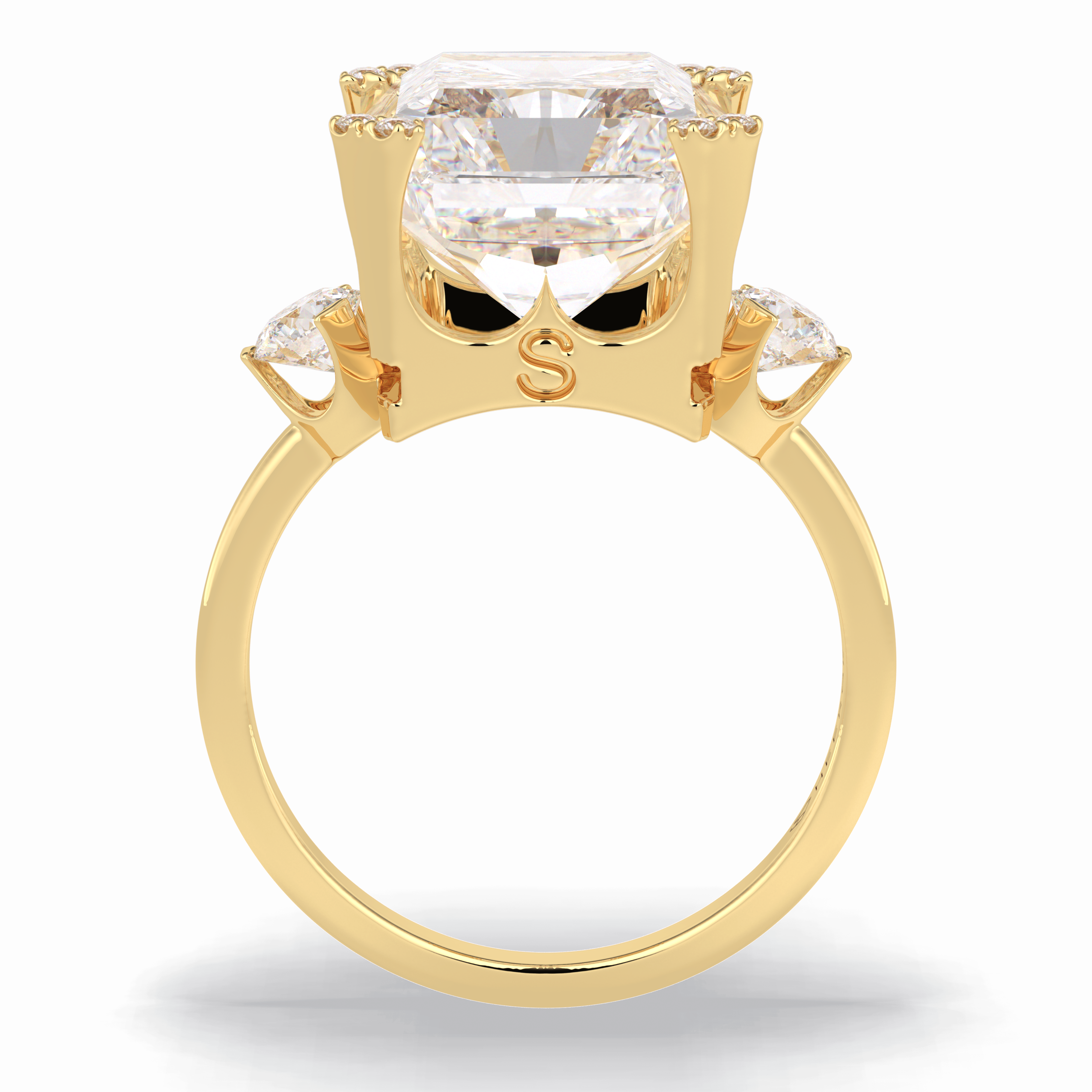 Glimmering 10.45 Carat Radiant VS1 Lab-Grown Three Stone Engagement Ring in 18K Yellow Gold