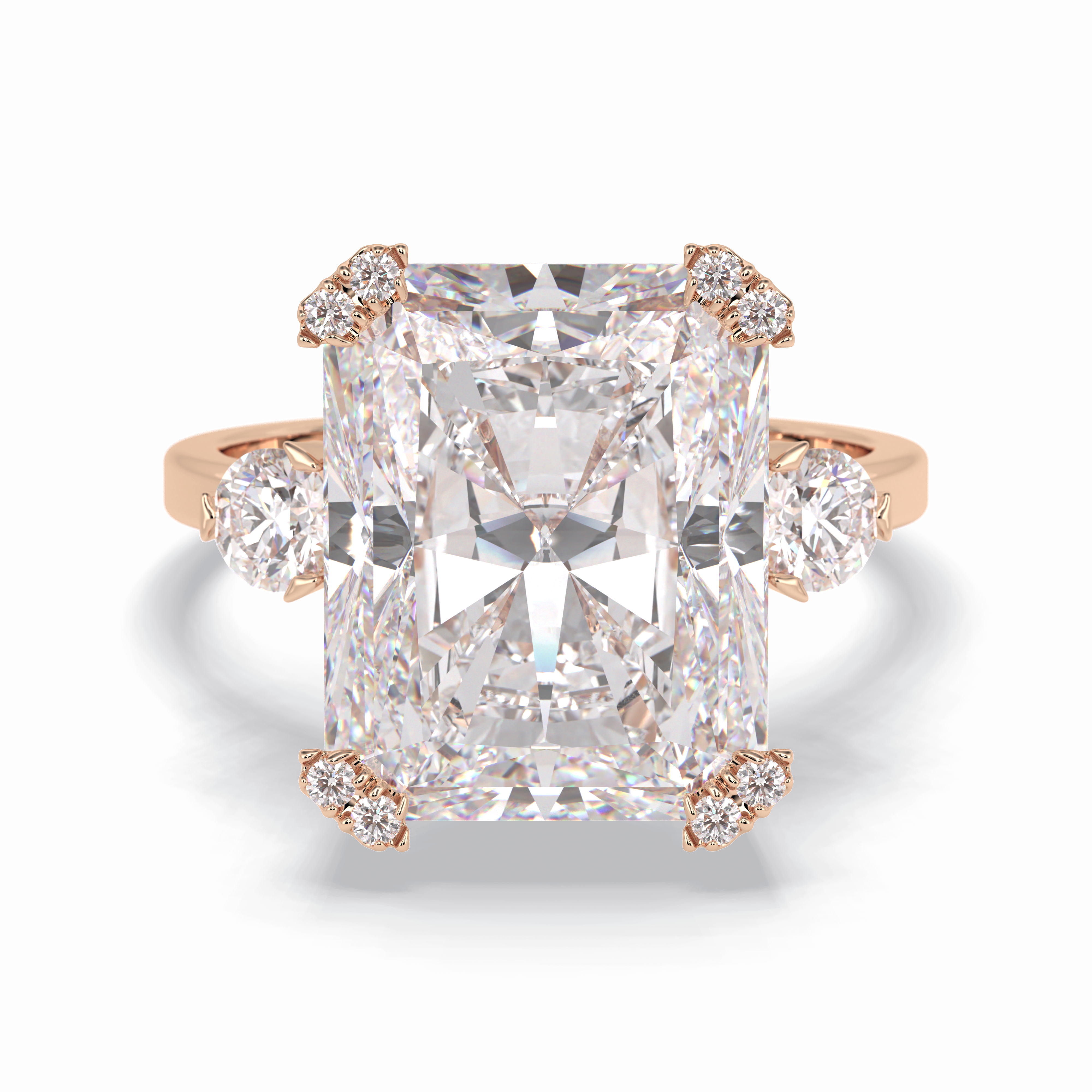 Glimmering 10.45 Carat Radiant VS1 Lab-Grown Three Stone Engagement Ring in 18K Rose Gold