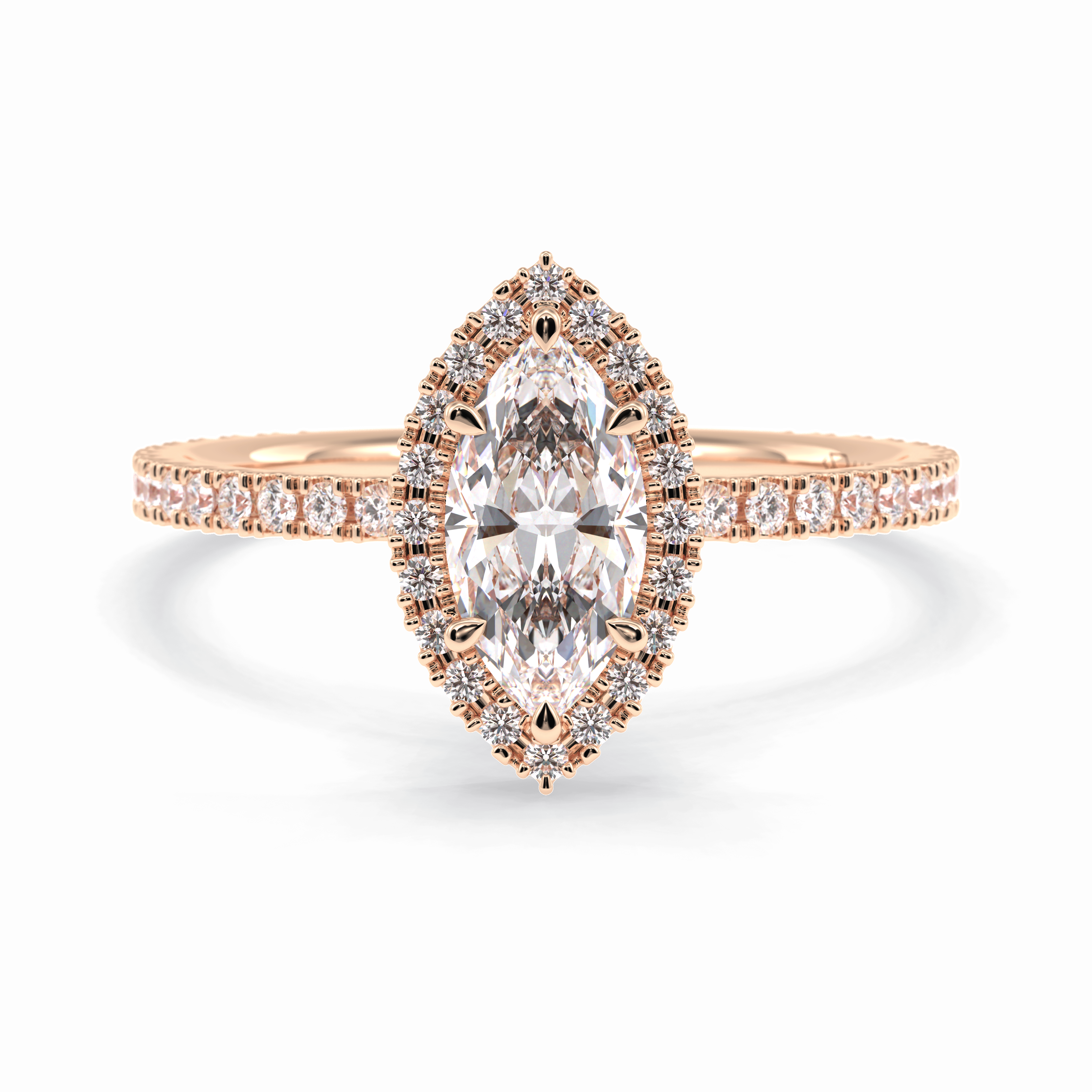 Majesty 0.75 Carat Marquise VS1 Moissanite Halo Engagement Ring in 18K Rose Gold