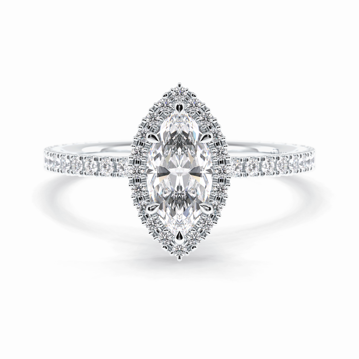 Majesty 0.75 Carat Marquise VS1 Moissanite Halo Engagement Ring in 18K White Gold