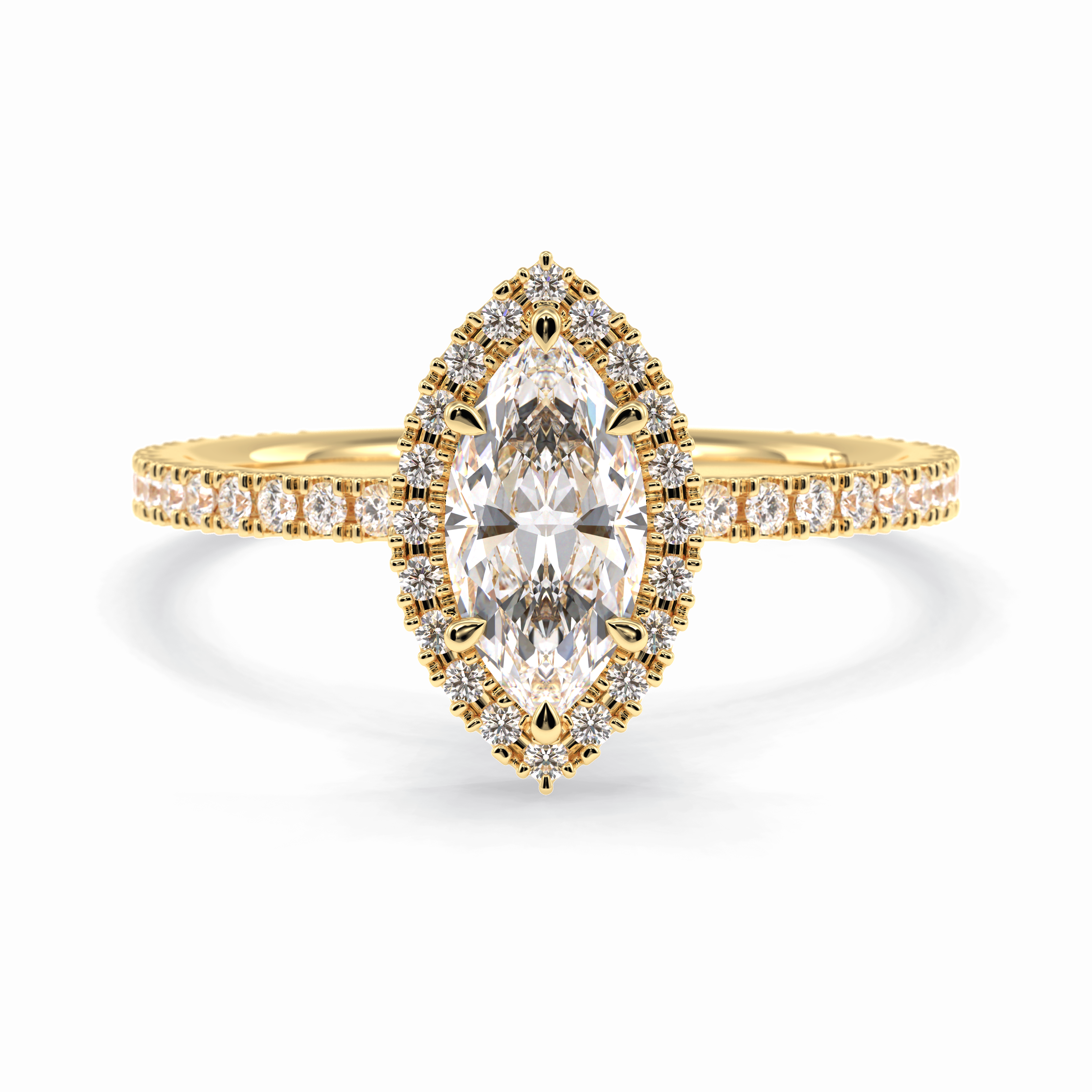 Majesty 0.75 Carat Marquise VS1 Moissanite Halo Engagement Ring in 18K Yellow Gold