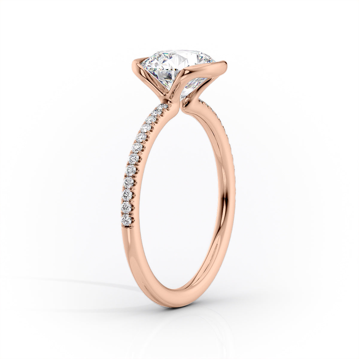 Marin Row 2.15 Carat VVS Lab-Grown Round Half-Bezel Pavé Engagement Ring in 18K Rose Gold Standing View