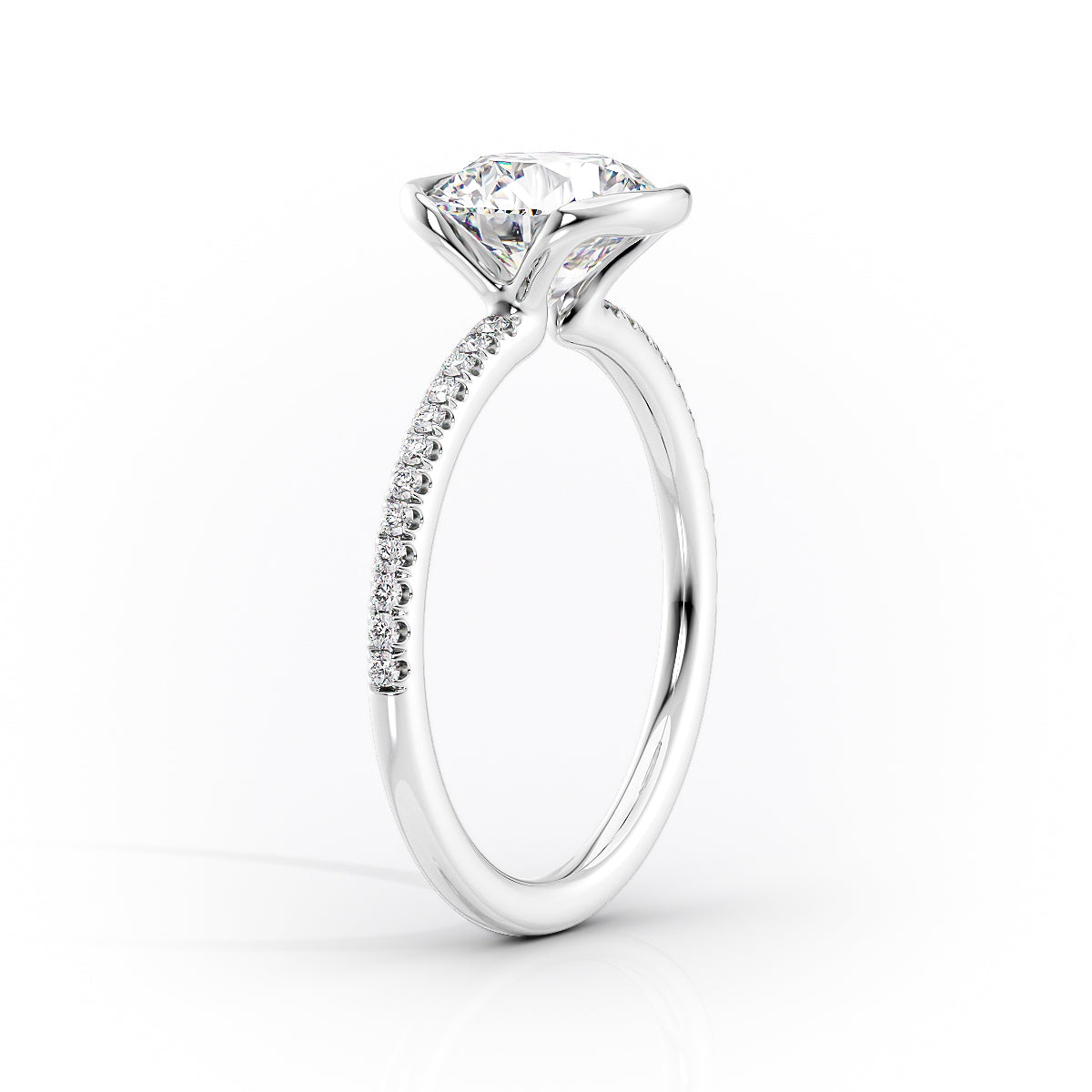 Marin Row 2.15 Carat VVS Lab-Grown Round Half-Bezel Pavé Engagement Ring in 18K White Gold Standing View