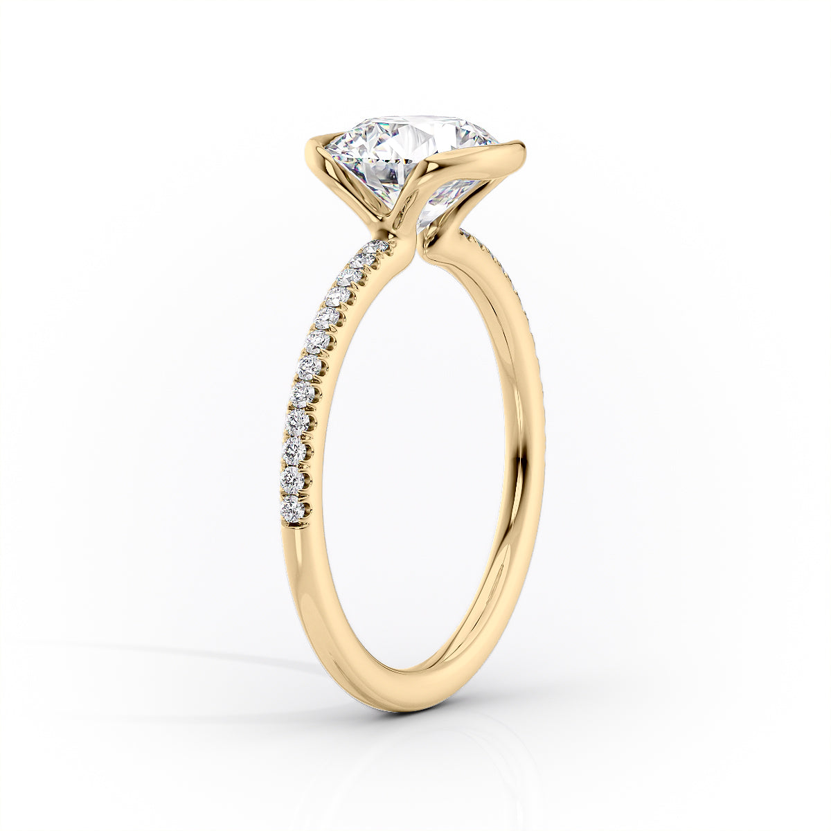 Marin Row 2.15 Carat VVS Lab-Grown Round Half-Bezel Pavé Engagement Ring in 18K Yellow Gold Standing View