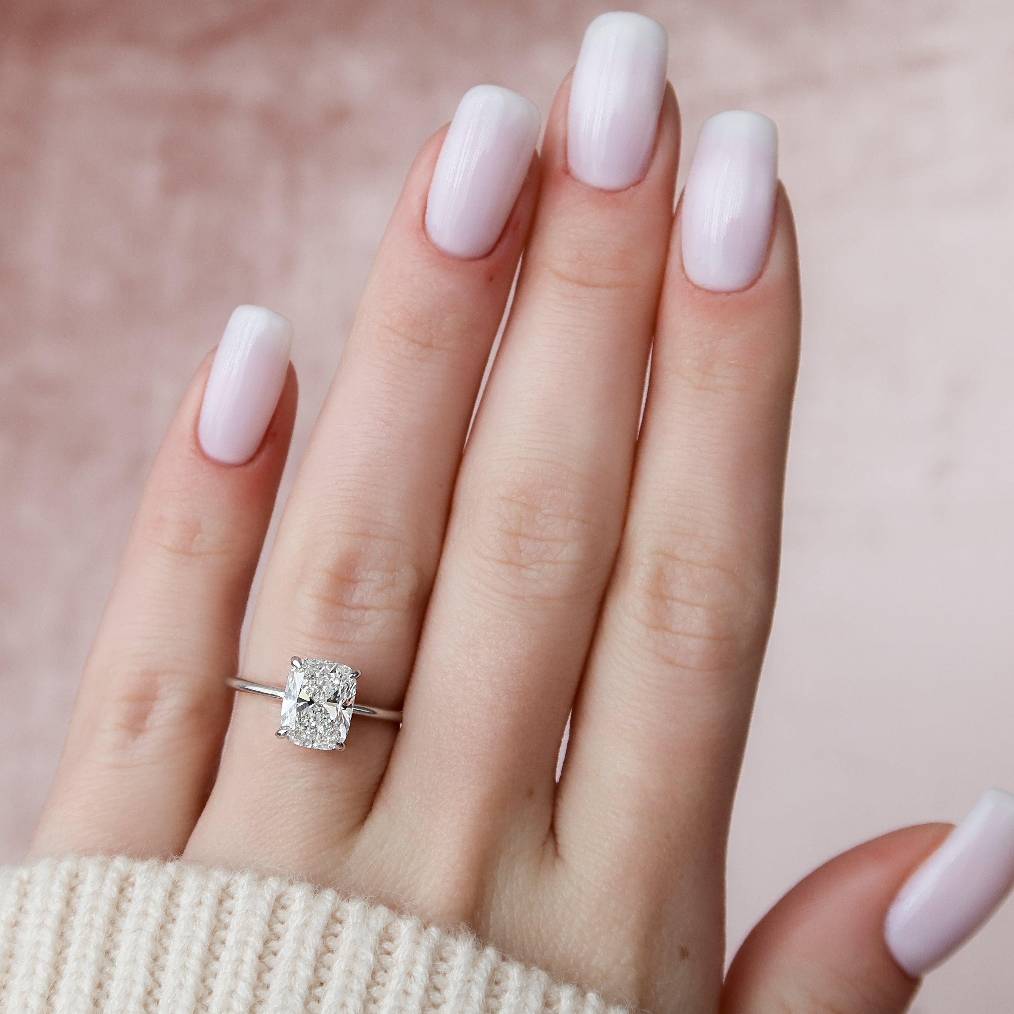 Mooncrest 3.05 Carat VVS Lab-Grown Elongated Cushion Hidden Halo Engagement Ring in 18K White Gold Finger View