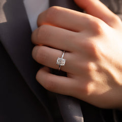 Mooncrest 3.05 Carat VVS Lab-Grown Elongated Cushion Hidden Halo Engagement Ring in 18K White Gold Hand View