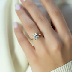 Mooncrest 3.05 Carat VVS Lab-Grown Elongated Cushion Hidden Halo Engagement Ring in 18K Yellow Gold Hand View