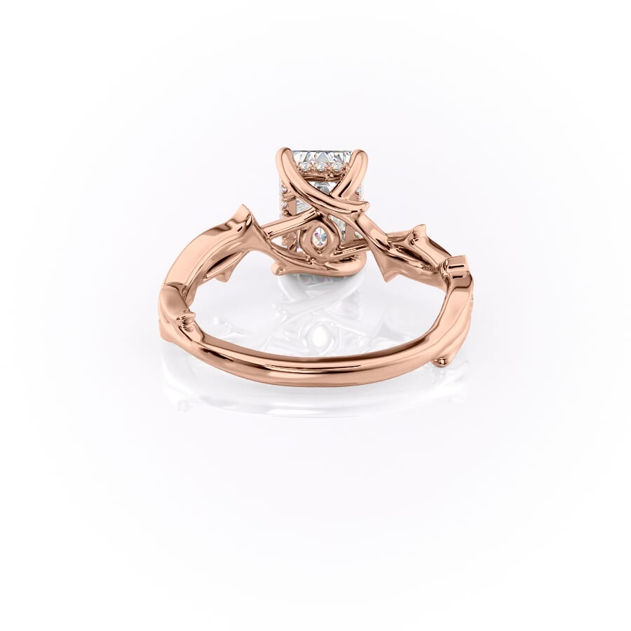 Moonlit 2.50 Carat VVS1 Lab-Grown Emerald Three-Stone Pave Engagement Ring in 18K Rose Gold Back View