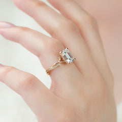 Moonlit 2.50 Carat VVS1 Lab-Grown Emerald Three-Stone Pave Engagement Ring in 18K Rose Gold Finger Side View