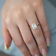 Moonlit 2.50 Carat VVS1 Lab-Grown Emerald Three-Stone Pave Engagement Ring in 18K Rose Gold Finger View