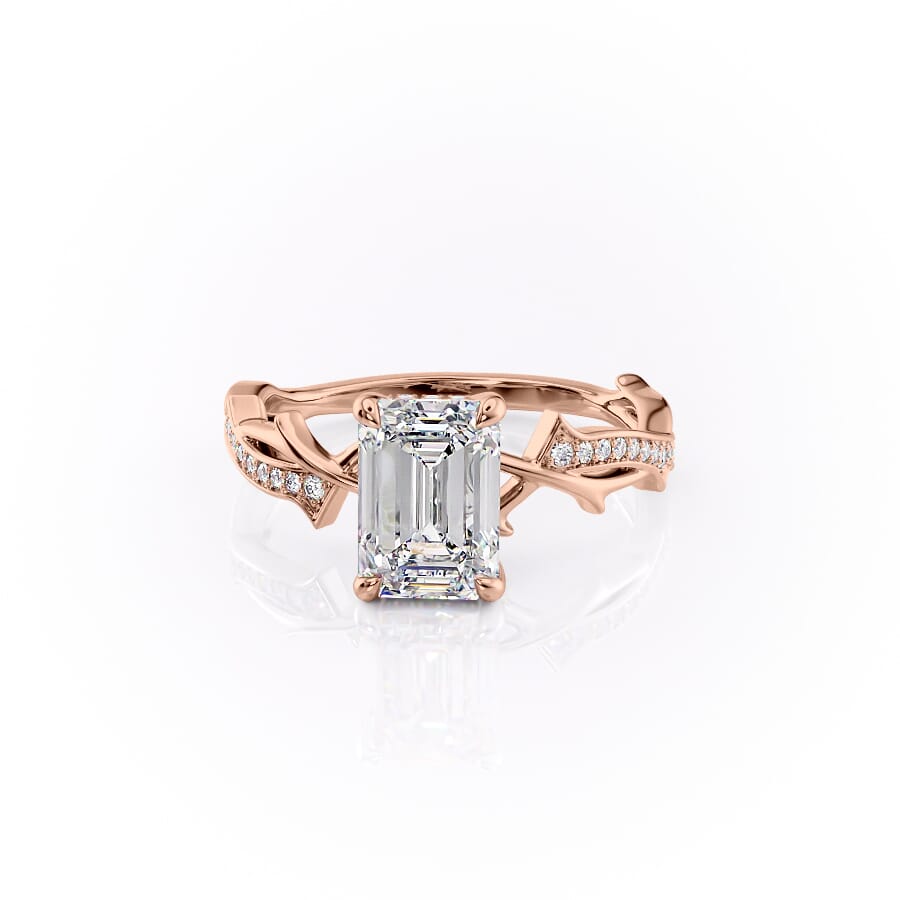 Moonlit 2.50 Carat VVS1 Lab-Grown Emerald Three-Stone Pave Engagement Ring in 18K Rose Gold Front View