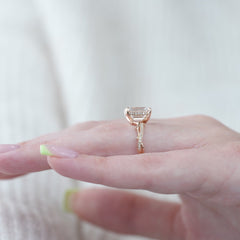 Moonlit 2.50 Carat VVS1 Lab-Grown Emerald Three-Stone Pave Engagement Ring in 18K Rose Gold Hand Side View