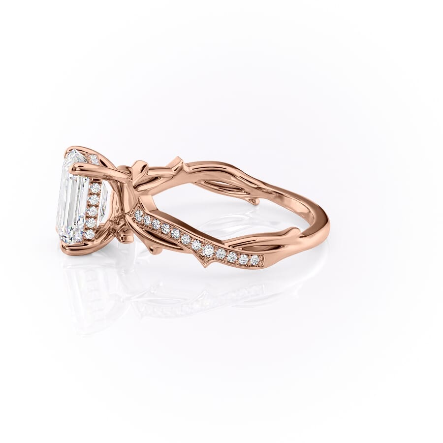 Moonlit 2.50 Carat VVS1 Lab-Grown Emerald Three-Stone Pave Engagement Ring in 18K Rose Gold Left View