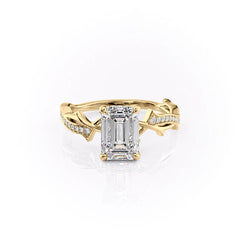 Moonlit 2.50 Carat VVS1 Lab-Grown Emerald Three-Stone Pave Engagement Ring in 18K Yellow Gold Front View