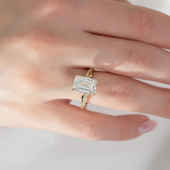 Moonlit 2.50 Carat VVS1 Lab-Grown Emerald Three-Stone Pave Engagement Ring in 18K Yellow Gold Hand View