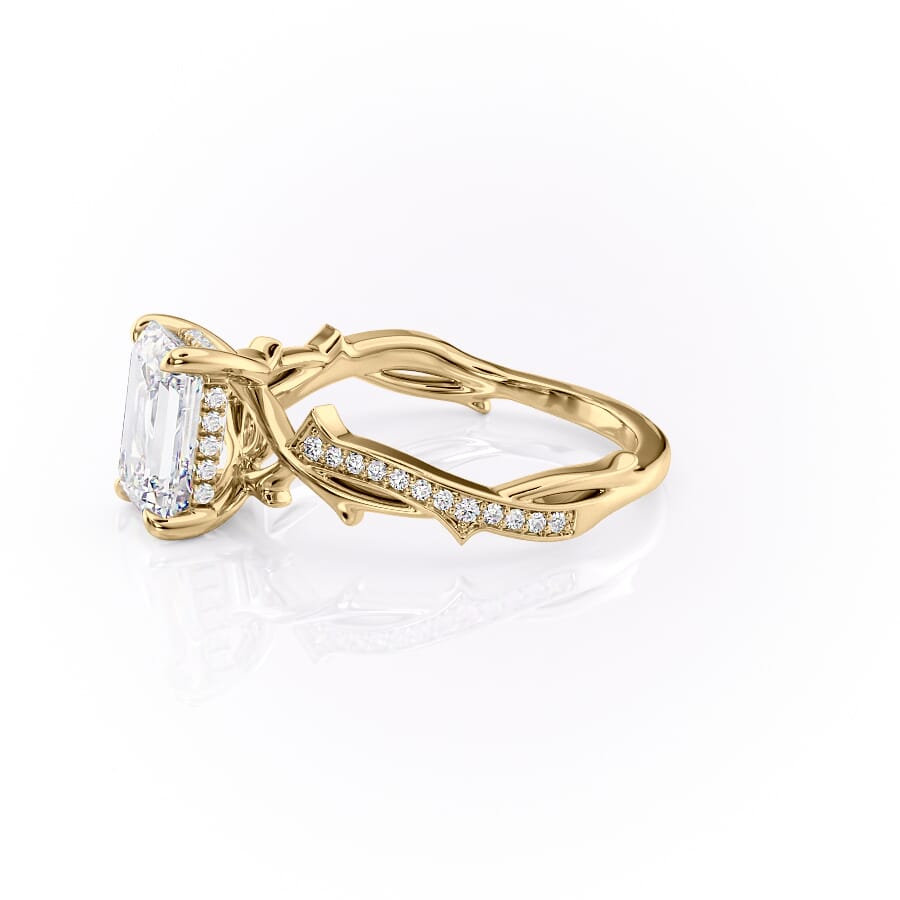 Moonlit 2.50 Carat VVS1 Lab-Grown Emerald Three-Stone Pave Engagement Ring in 18K Yellow Gold Left View