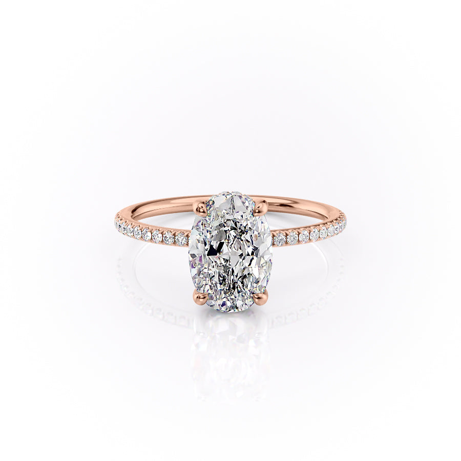 Moonlit Oval 2 Carat VVS1 Lab‑Grown Hidden Halo Pave Engagement Ring in 18K Rose Gold Front View