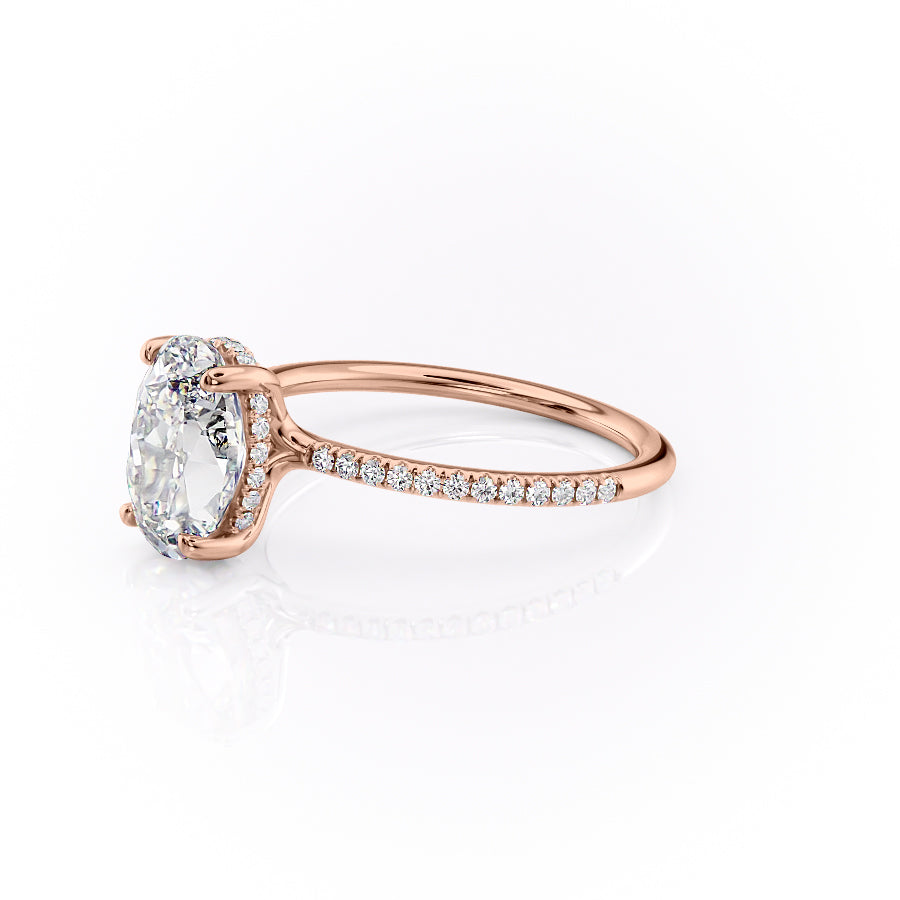 Moonlit Oval 2 Carat VVS1 Lab‑Grown Hidden Halo Pave Engagement Ring in 18K Rose Gold Left Side View