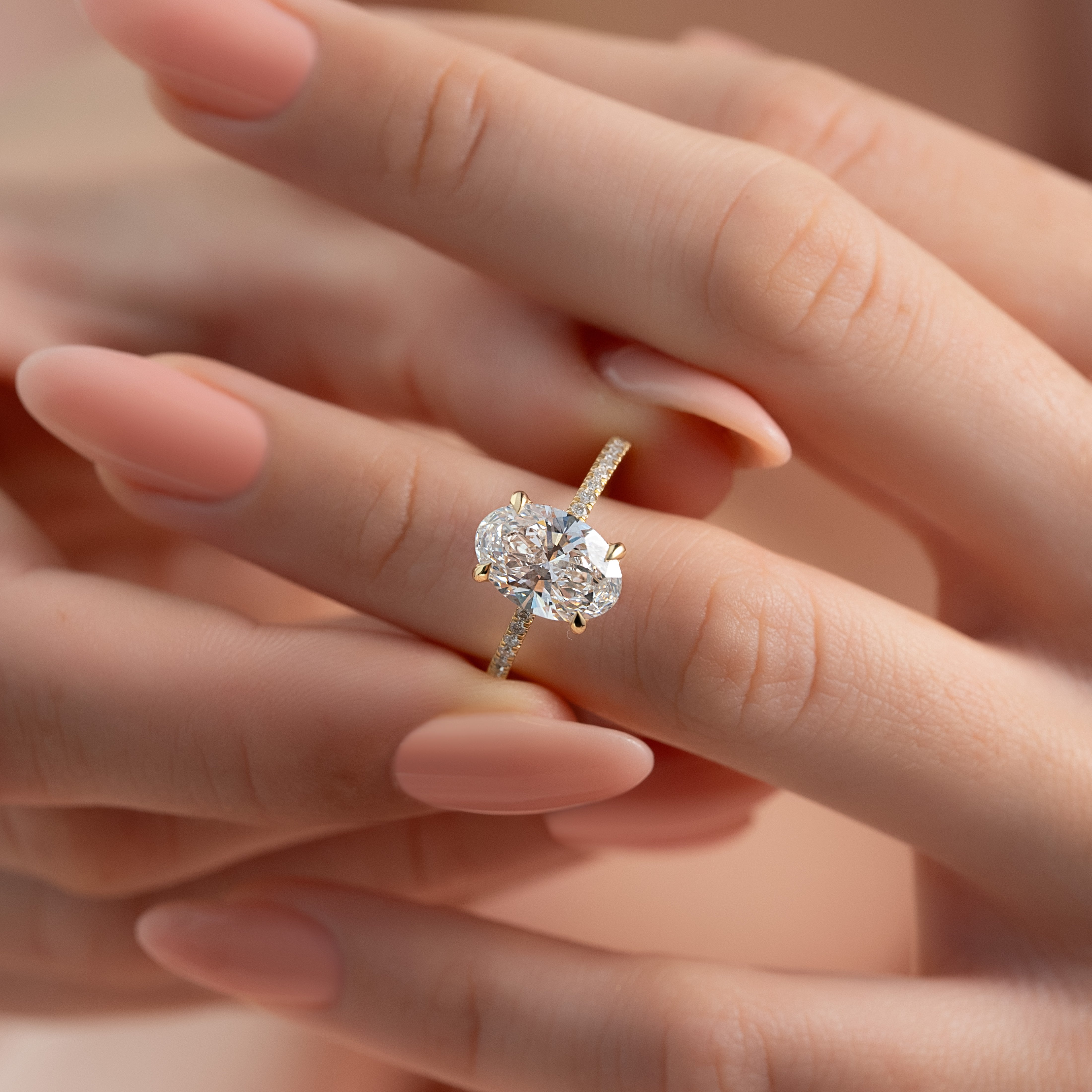 Moonlit Oval 2 Carat VVS1 Lab‑Grown Hidden Halo Pave Engagement Ring in 18K Yellow Gold Closeup View