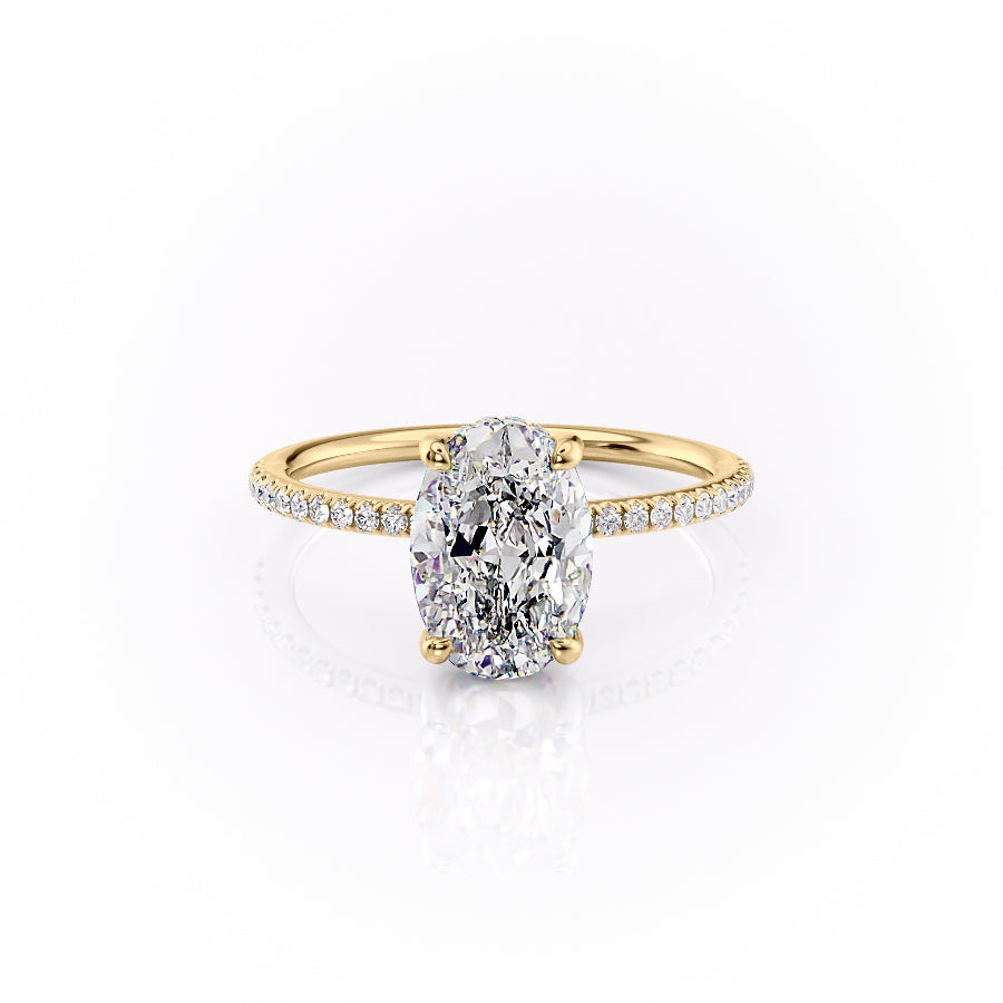Moonlit Oval 2 Carat VVS1 Lab‑Grown Hidden Halo Pave Engagement Ring in 18K Yellow Gold Front View