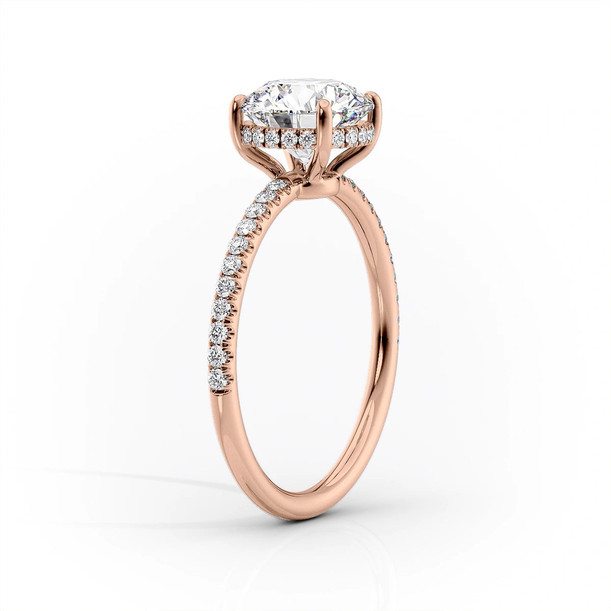 Nimbus Lyric 1 Carat VVS Lab-Grown Cushion Hidden Halo Pave Engagement Ring in 18K Rose Gold Standing View 