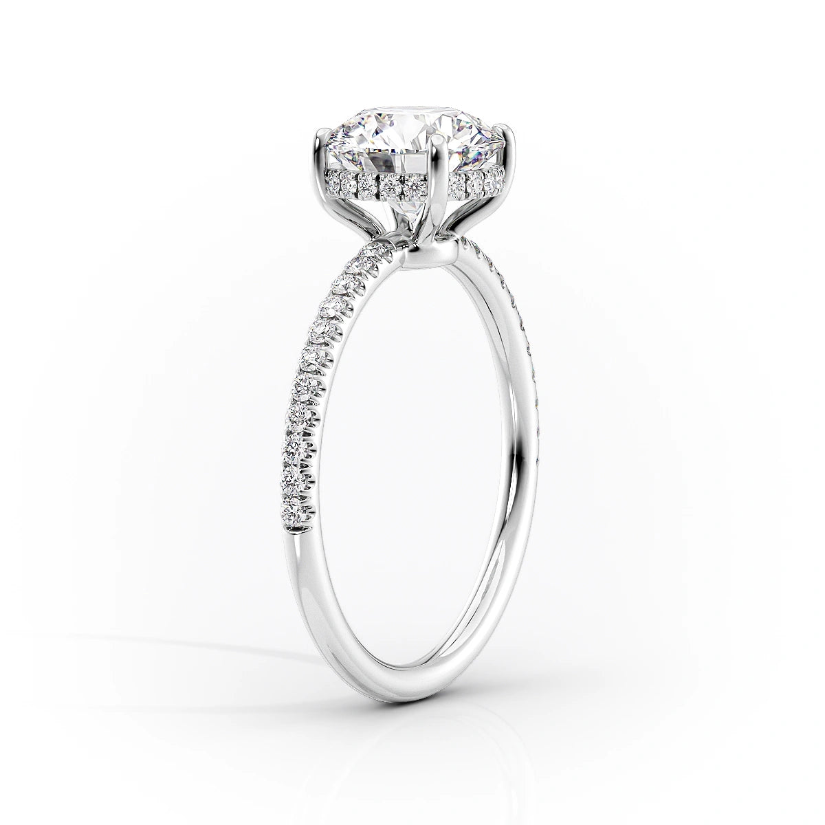 Nimbus Lyric 1 Carat VVS Lab-Grown Cushion Hidden Halo Pave Engagement Ring in 18K White Gold Standing View 