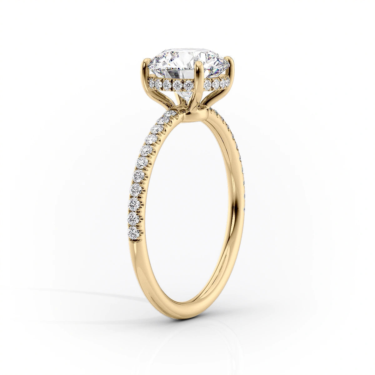 Nimbus Lyric 1 Carat VVS Lab-Grown Cushion Hidden Halo Pave Engagement Ring in 18K Yellow Gold Standing View 