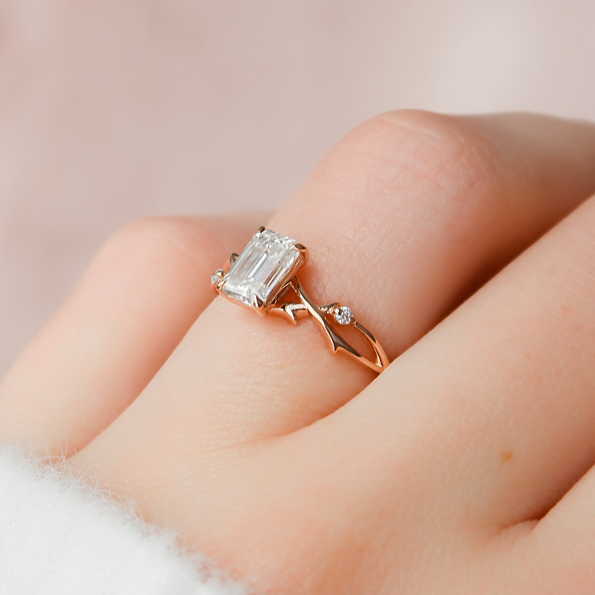 Noble Splendor 2 Carat VVS1 Lab-Grown Emerald Three Stone Engagement Ring in 18K Rose Gold Side View