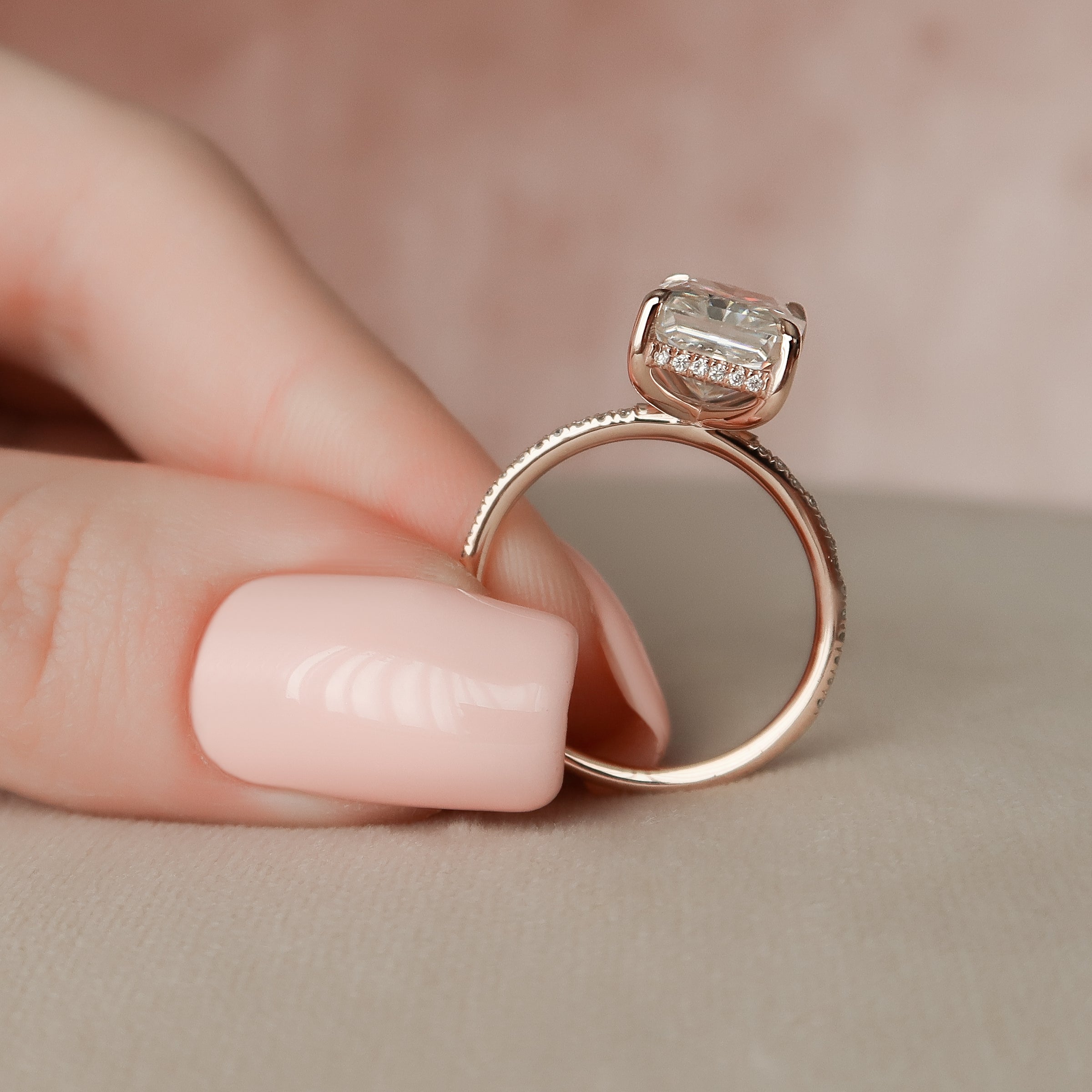 Nova Gleam 2.36 Carat VVS Lab-Grown Radiant Hidden Halo Pave Engagement Ring in 18K Rose Gold Hand View