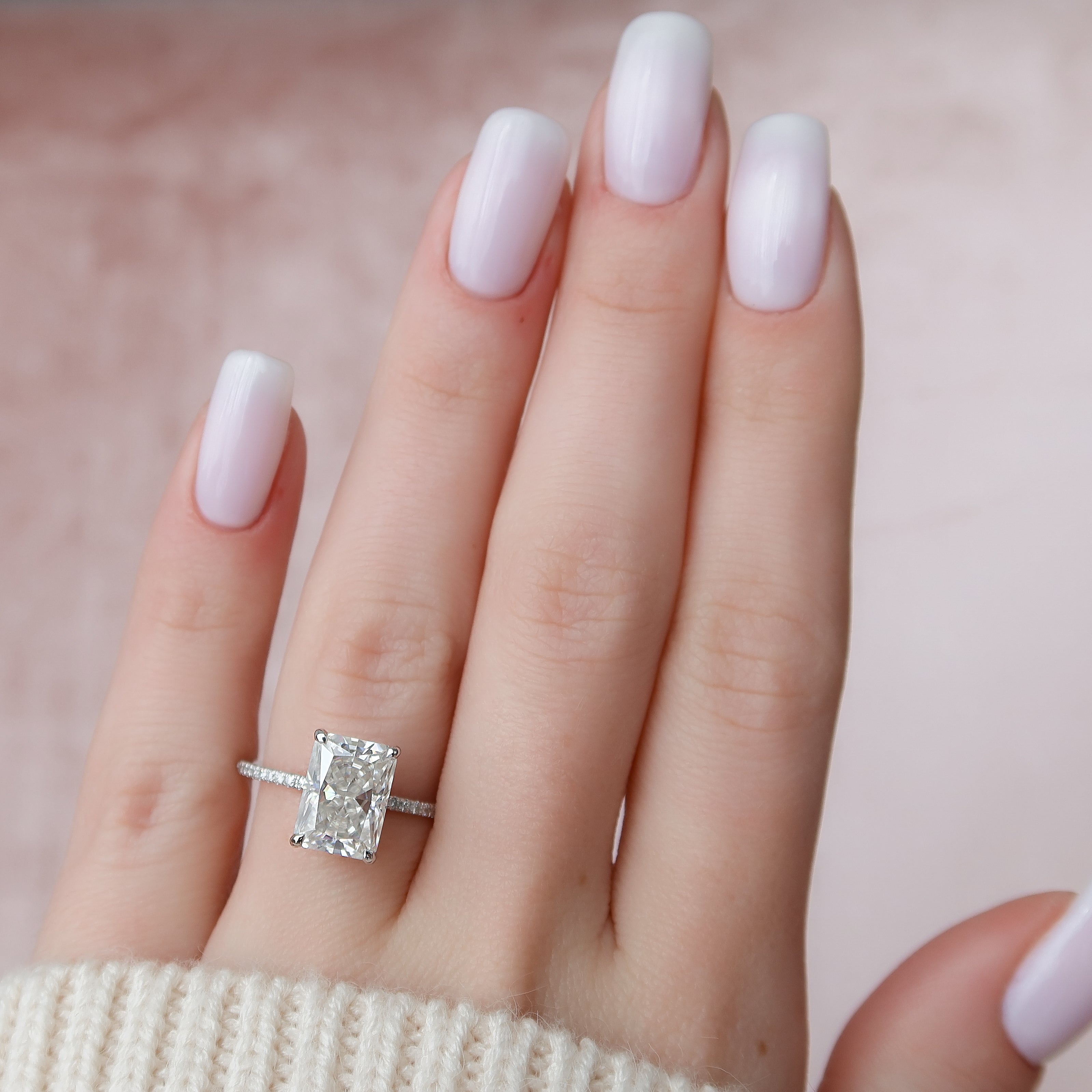 Nova Gleam 2.36 Carat VVS Lab-Grown Radiant Hidden Halo Pave Engagement Ring in 18K White Gold Finger View