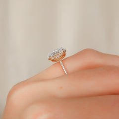 Opal Radiance 1.72 Carat VVS1 Lab-Grown Hidden Halo Pave Engagement Ring in 18K Rose Gold Finger Closeup View