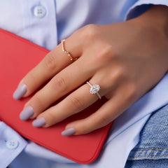 Opal Radiance 1.72 Carat VVS1 Lab-Grown Hidden Halo Pave Engagement Ring in 18K Rose Gold Hand View