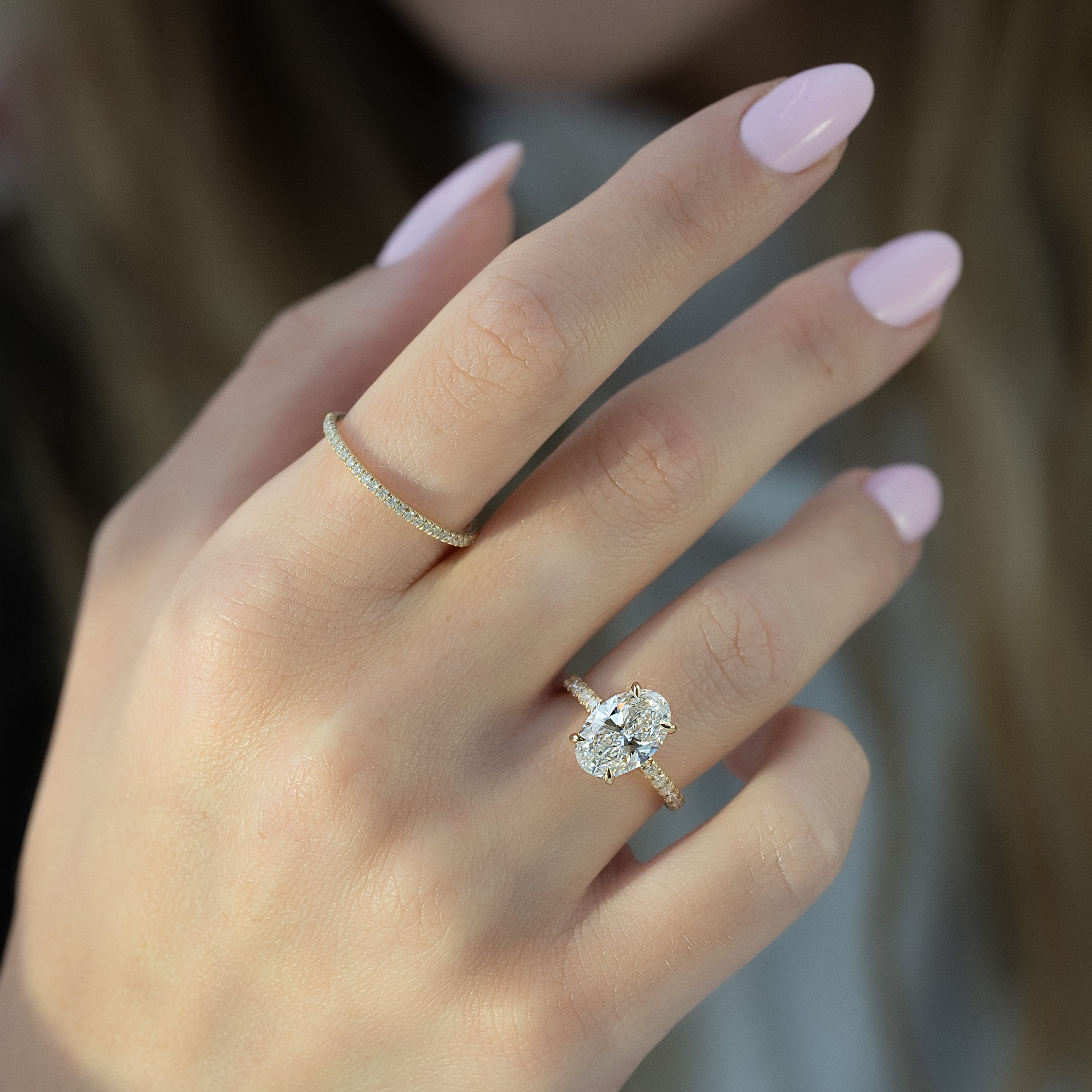 Opal Radiance 1.72 Carat VVS1 Lab-Grown Hidden Halo Pave Engagement Ring in 18K Yellow Gold Finger View_1