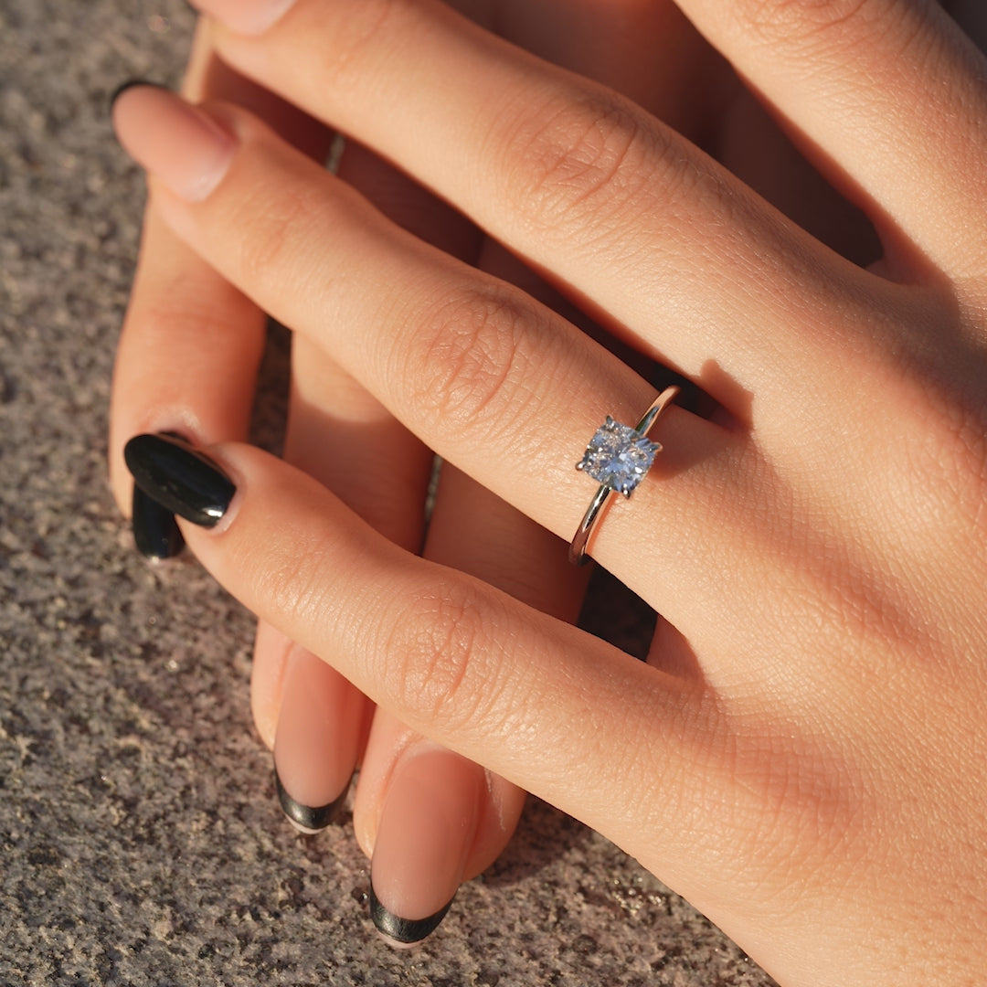 Opaline Cushion 2.06 Carat VVS1 Lab-Grown Hidden Halo Engagement Ring in 18K White Gold Finger view_1