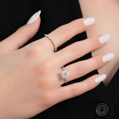 Opaline Cushion 2.06 Carat VVS1 Lab-Grown Hidden Halo Engagement Ring in 18K White Gold Finger view