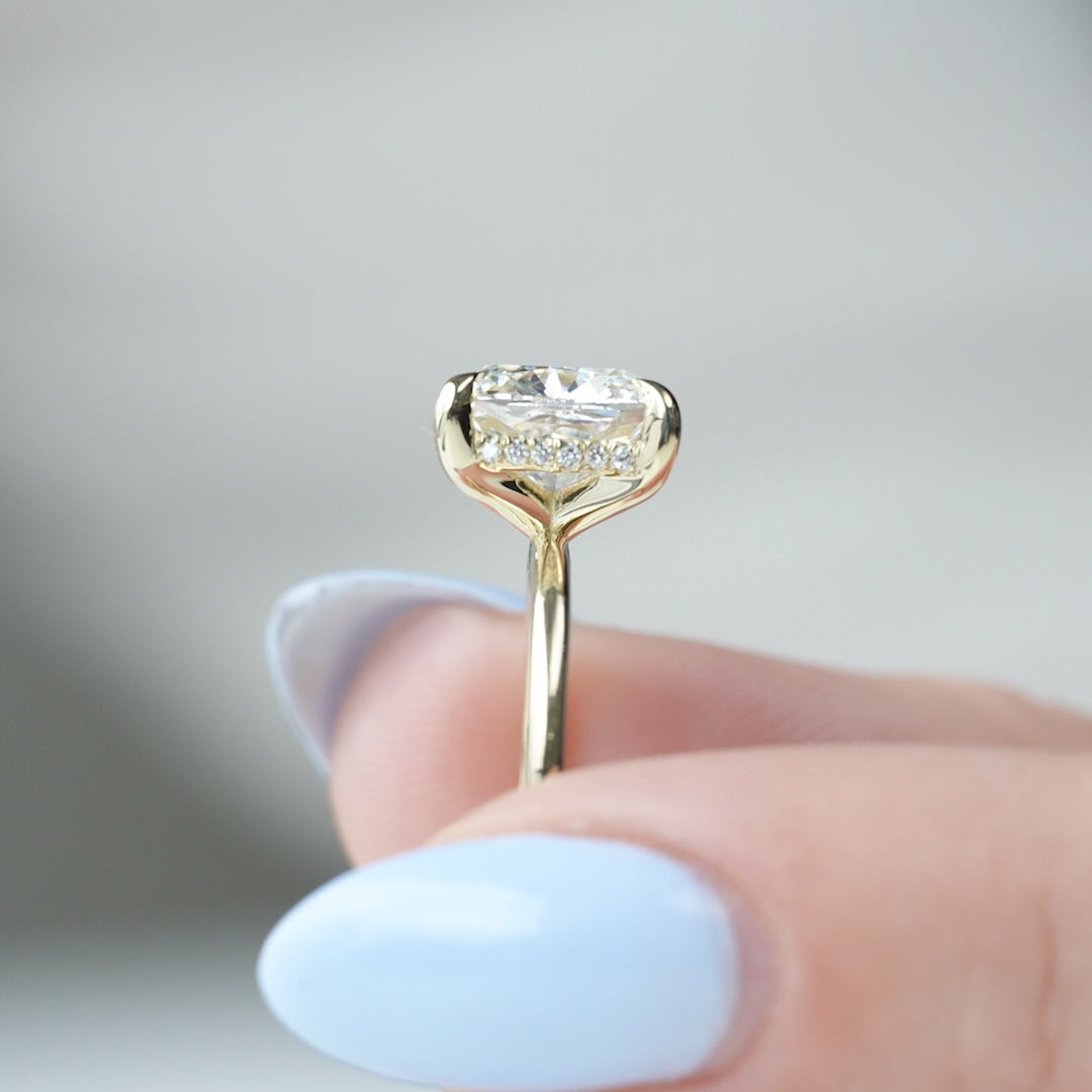 Opaline Cushion 2.06 Carat VVS1 Lab-Grown Hidden Halo Engagement Ring in 18K Yellow Gold Closeup View