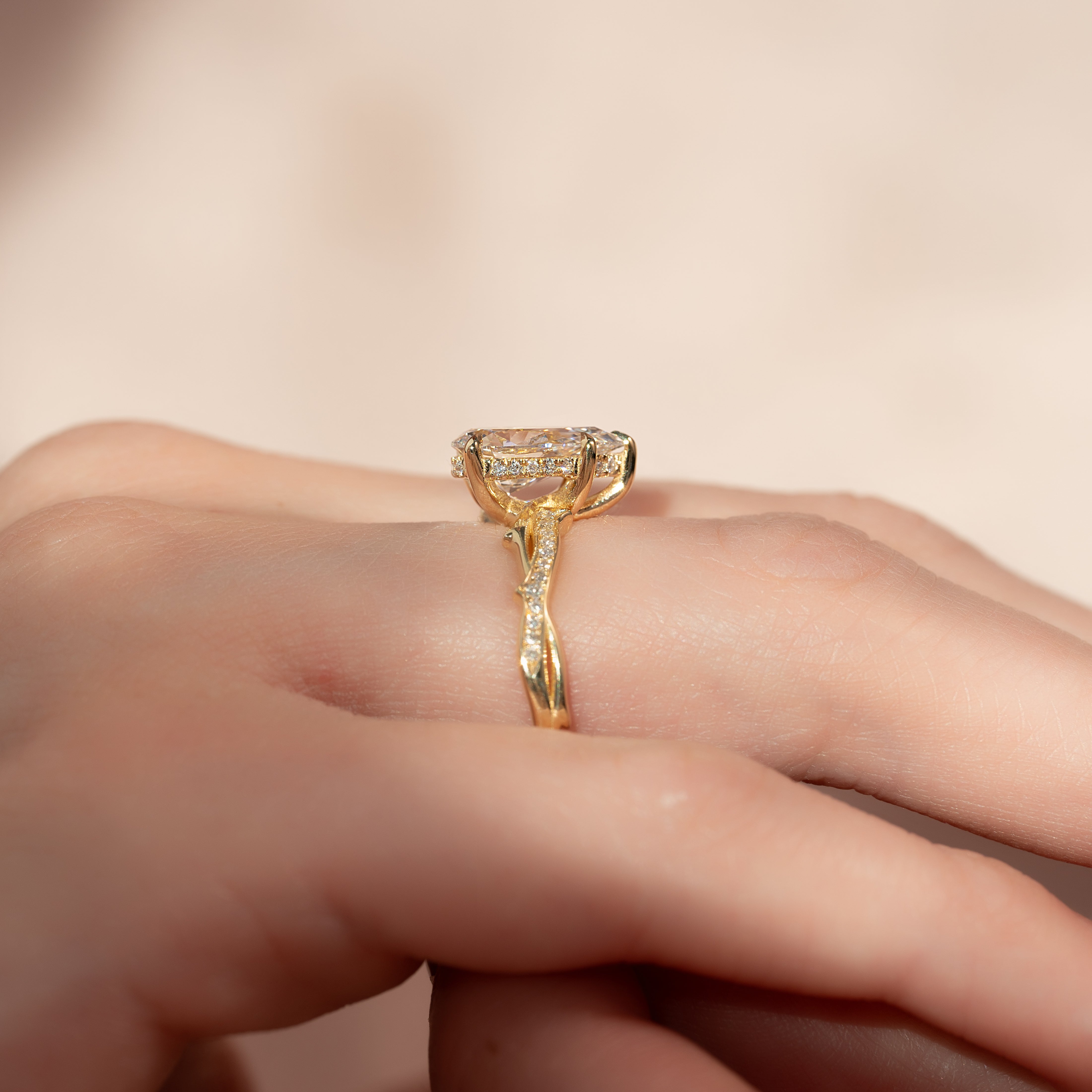 Opulent Cascade 1.50 Carat VVS1 Lab-Grown Pear Pave Engagement Ring in 18K Yellow Gold Closeup Side View