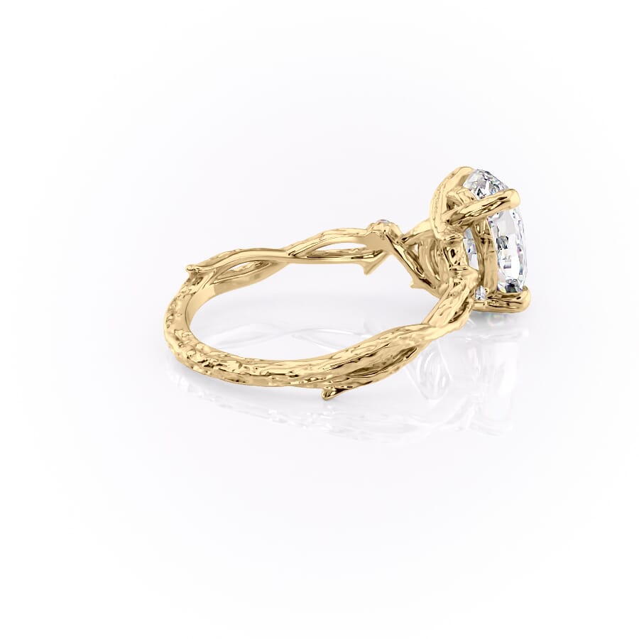 Opulent Serenity 2 Carat VVS1 Lab-Grown Oval Three Stone Ring in 18K Yellow Gold Back Cross View