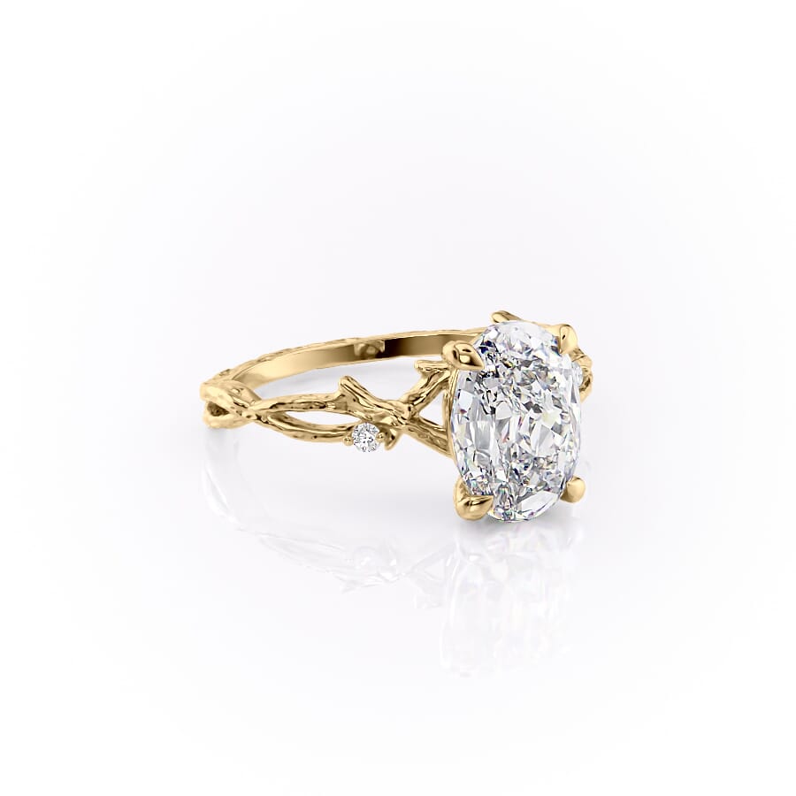 Opulent Serenity 2 Carat VVS1 Lab-Grown Oval Three Stone Ring in 18K Yellow Gold Front Cross View