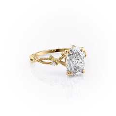Opulent Serenity 2 Carat VVS1 Lab-Grown Oval Three Stone Ring in 18K Yellow Gold Front Cross View