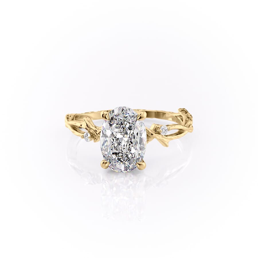 Opulent Serenity 2 Carat VVS1 Lab-Grown Oval Three Stone Ring in 18K Yellow Gold Front View