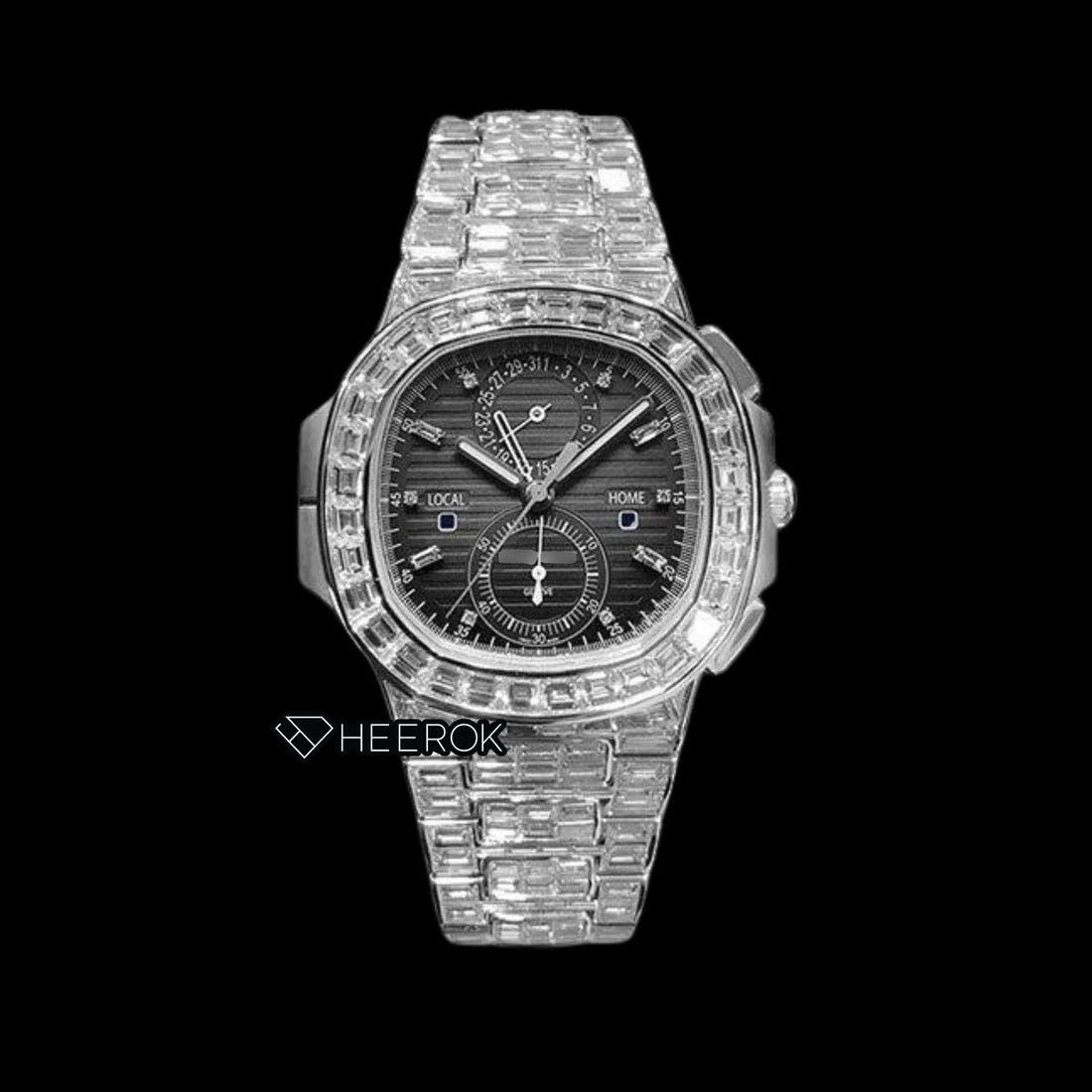 Patek Philippe Nautilus Black Dial Baguette Diamond Markers Diamond Bezel Moissanite Diamond Baguette Bracelet Front View.